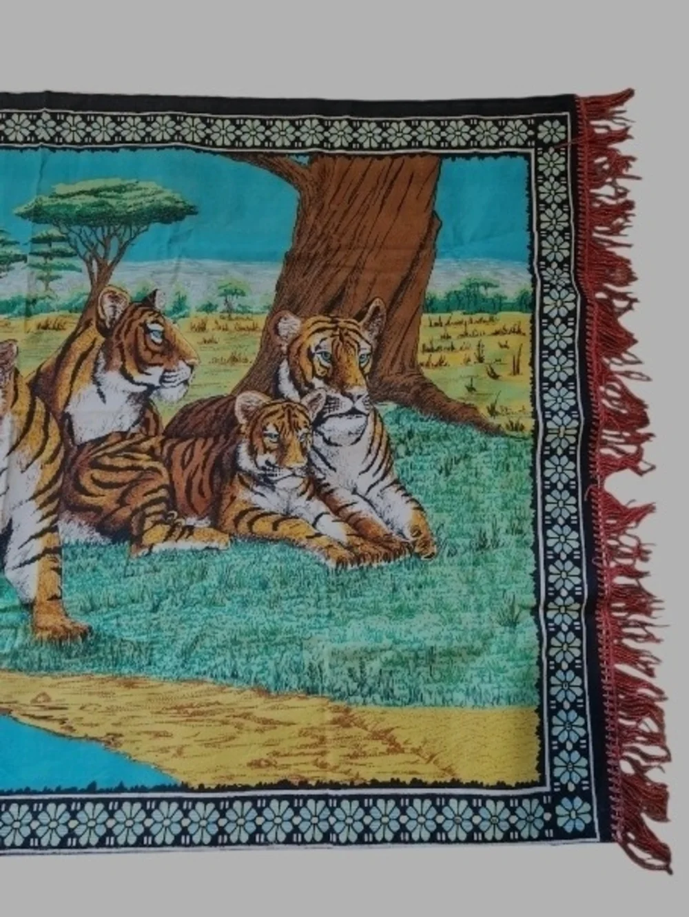 Vintage 1970s Asian Tiger Family Wall Tapestry Rug - Retro Boho Decor -53”x36”